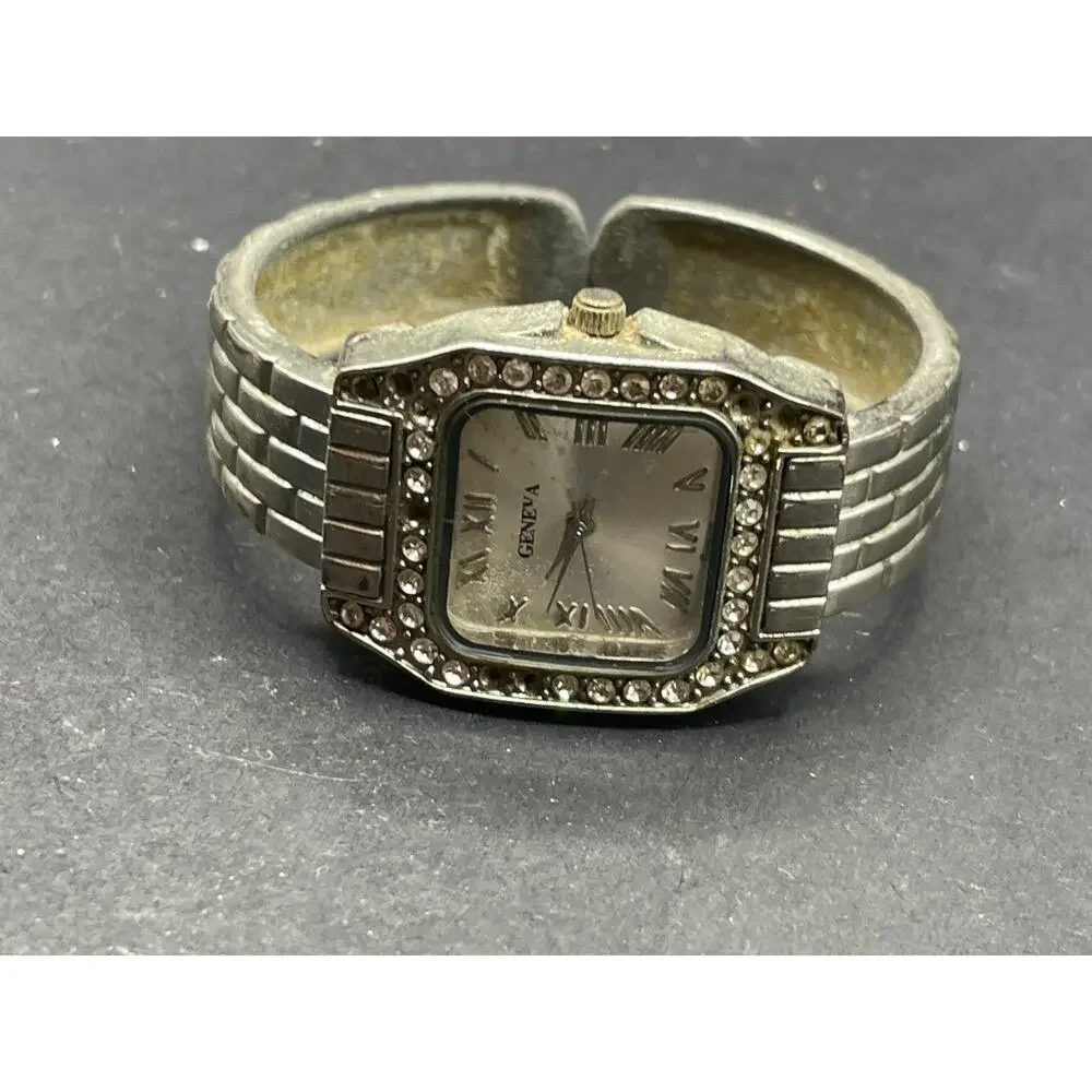 Geneva Classy Rhinestones Bezel Silver Tone Cuff Band Wristwatch Water Resistant
